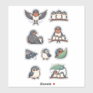 Cute Barn Swallow Family Rain Leaf Aesthetics Sticker