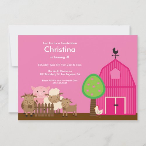 Cute Barn Yard Farm Animals Birthday Party Invite