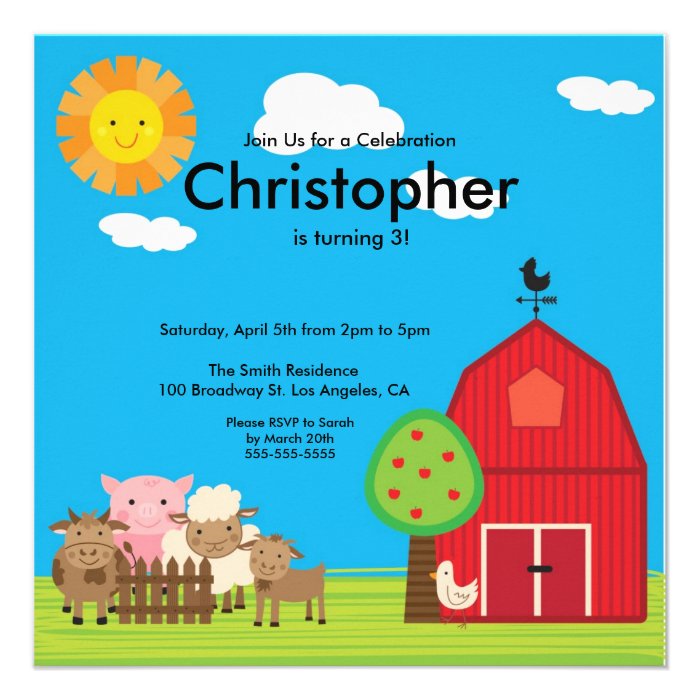 Cute Barn Yard Farm Animals Birthday Party Invite