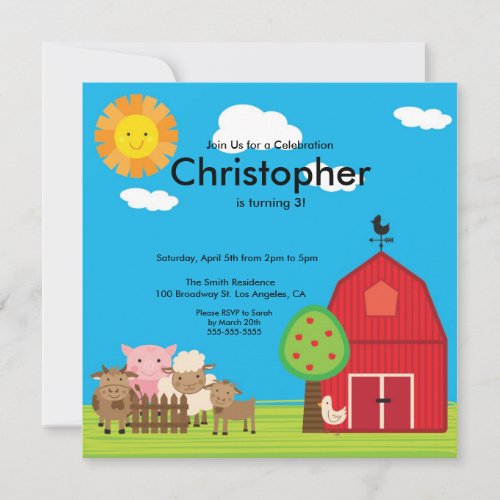 Cute Barn Yard Farm Animals Birthday Party Invite