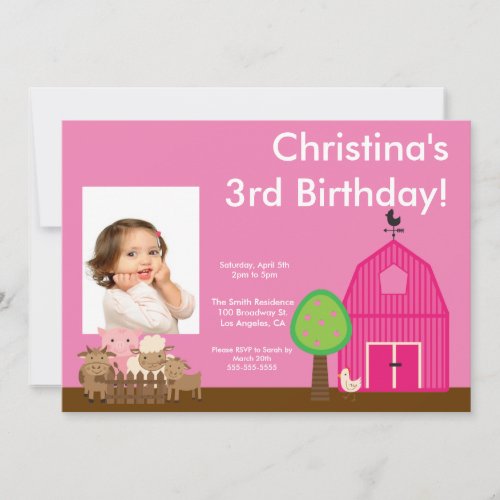 Cute Barn Yard Farm Animals Birthday Photo Invite
