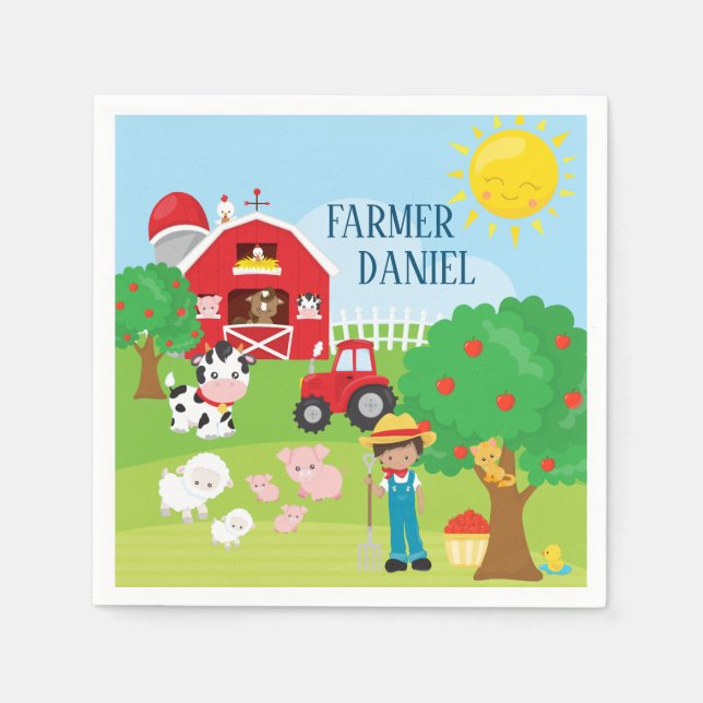 Cute Barnyard Animals, Farmer, Tractor Birthday Napkins (Front)