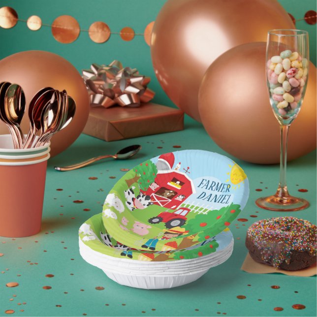 Cute Barnyard Animals, Farmer, Tractor Birthday Paper Bowls (Multi)