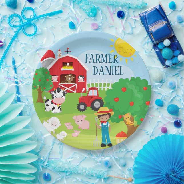 Cute Barnyard Animals, Farmer, Tractor Birthday Paper Plates (Party)