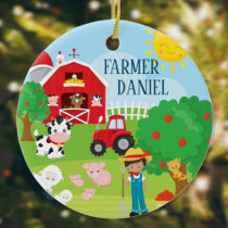 Cute Barnyard Animals, Farmer, Tractor Christmas Ceramic Ornament