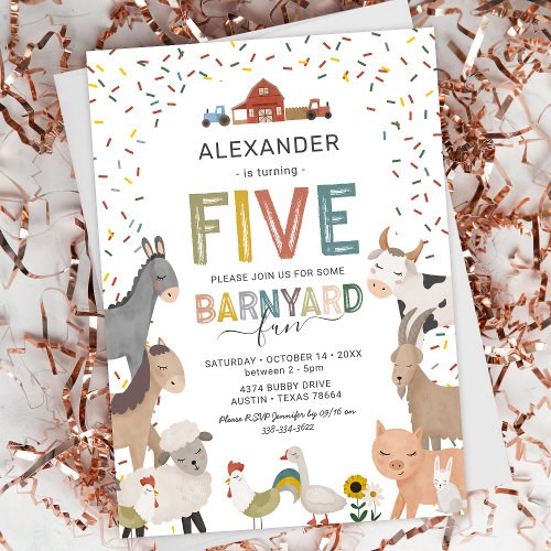 Cute Barnyard Farm 5th Birthday Invitation