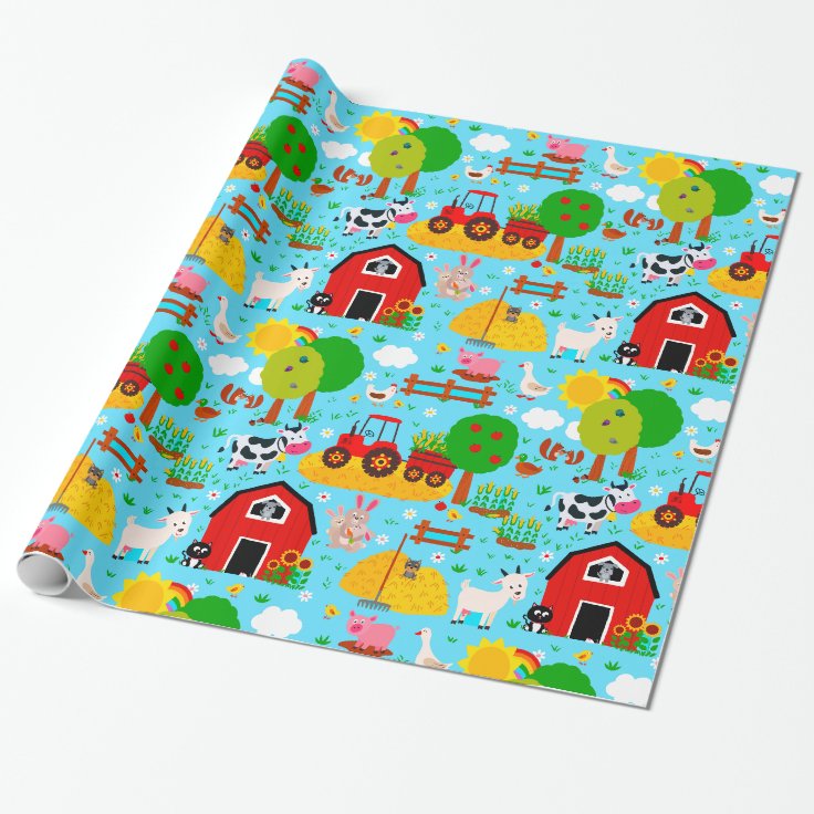Cute Barnyard Farm Animal Birthday Party Kids Wrapping Paper | Zazzle