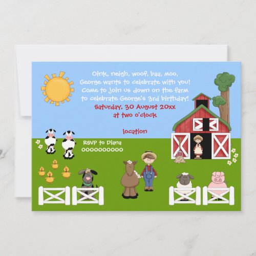 Barnyard farm animal kids birthday invitation