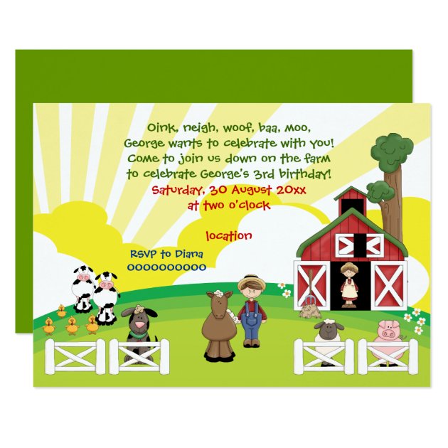 Cute Barnyard Farm Animal Kids Birthday Invitation