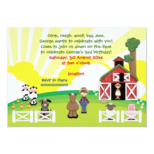 Cute Barnyard Farm Animal Kids Birthday Invitation