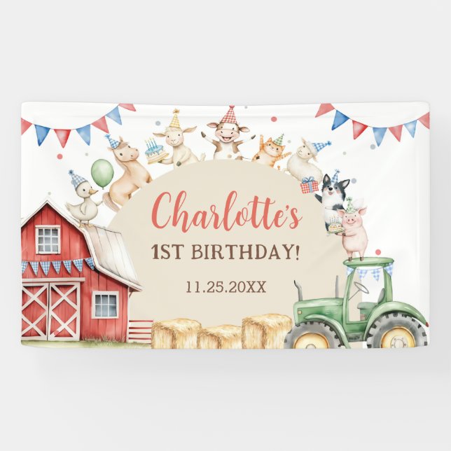 Cute Barnyard Farm Animals 1st Birthday Banner (Horizontal)