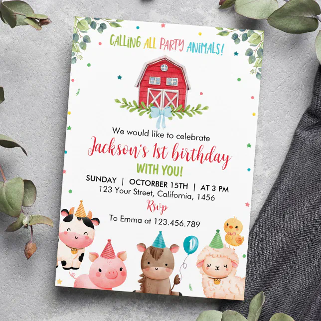 Cute Barnyard Farm Animals 1st Birthday Invitation | Zazzle