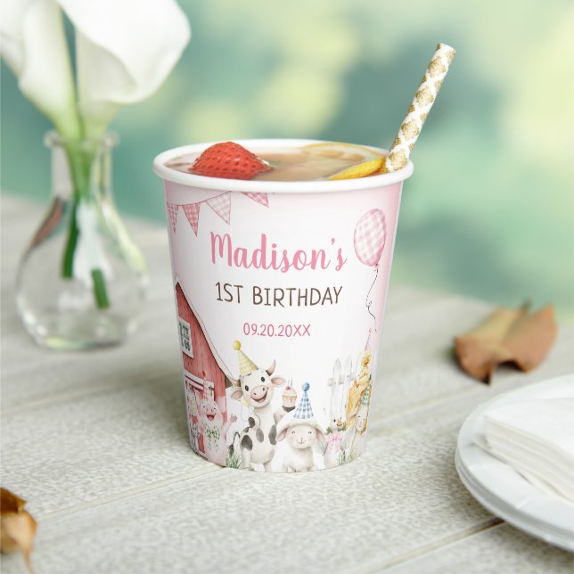Cute Barnyard Farm Animals 1st Birthday Paper Cups (Insitu)