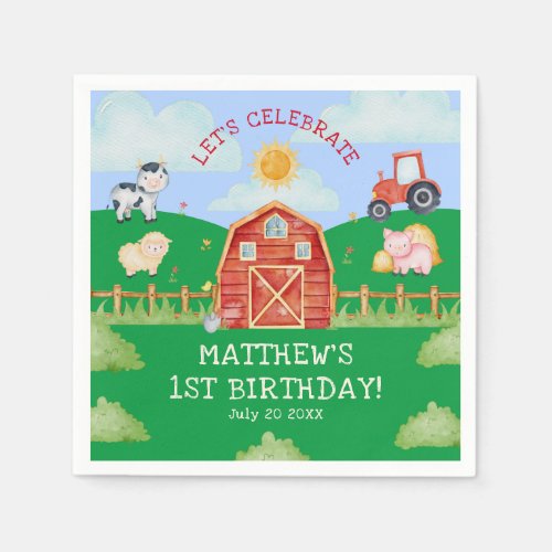 Cute Barnyard Farm Animals 1st Birthday Party Napkins