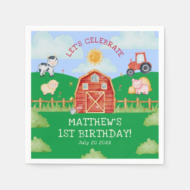 Cute Barnyard Farm Animals 1st Birthday Party Napkins (Front)