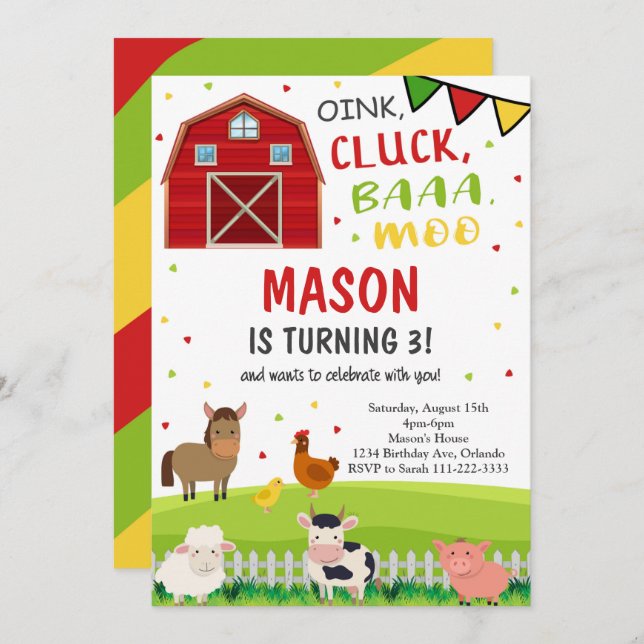 Cute Barnyard Farm Animals Birthday Invitation (Front/Back)