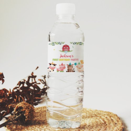 Cute Barnyard Farm Animals Birthday Water Bottle Label