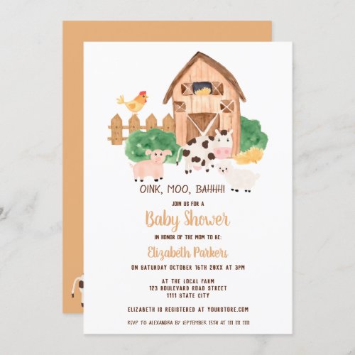 Cute barnyard farm animals neutral baby shower invitation