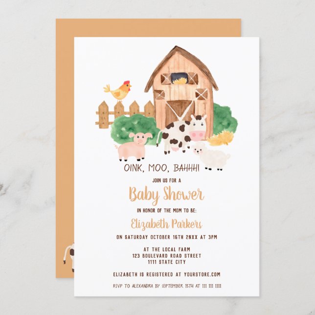 Cute barnyard farm animals neutral baby shower invitation (Front/Back)