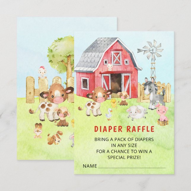 Cute Barnyard Friends  Baby Shower Diaper Raffle Invitation (Front/Back)