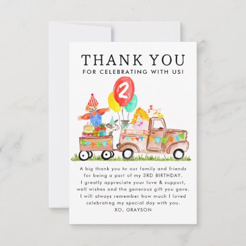 Cute Barnyard Party Truck Farm Animals Birthday Thank You Card