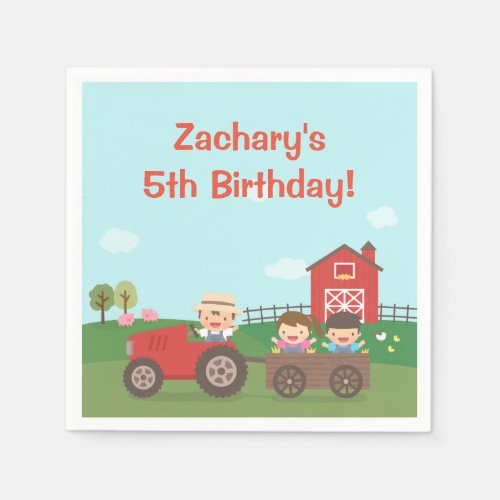 Cute Barnyard Tractor Kids Birthday Party Napkins