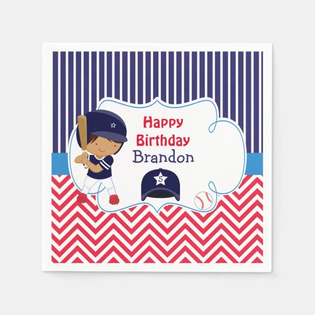 Cute Baseball African American Boy Birthday Party Napkins (Front)