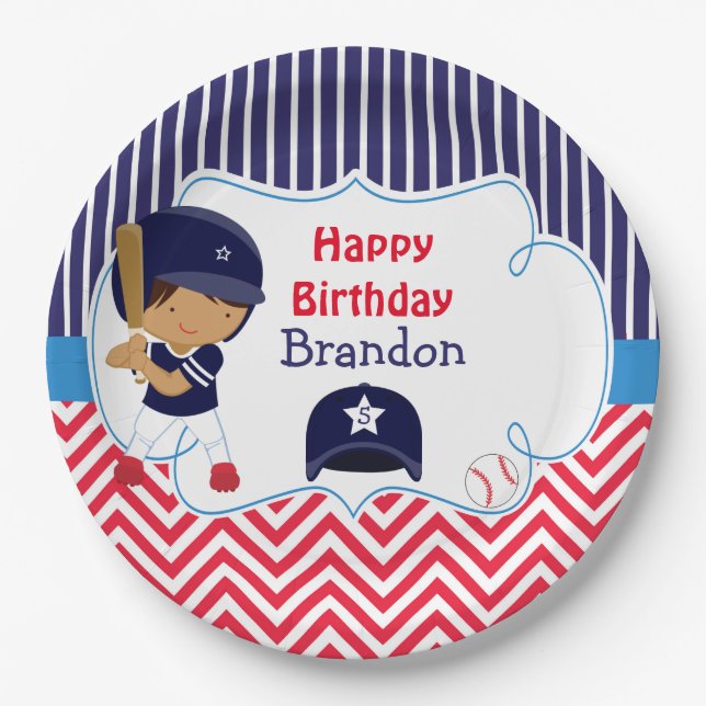 Cute Baseball African American Boy Birthday Party Paper Plates (Front)