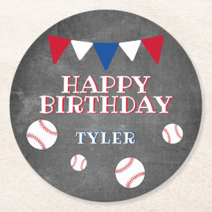 Cute Baseball Balls Chalkboard Kids Birthday Party Round Paper Coaster