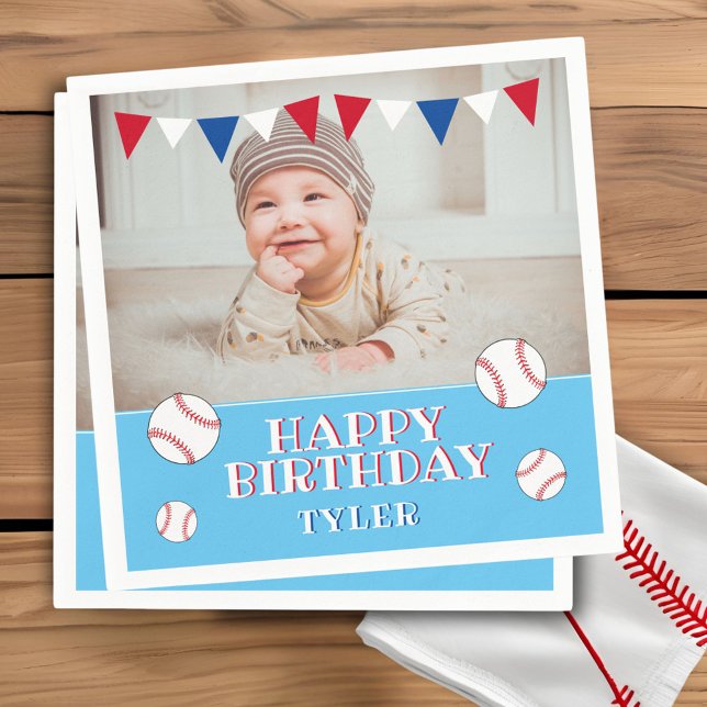Cute Baseball Blue Kids Photo Birthday Party Napkins (Creator Uploaded)