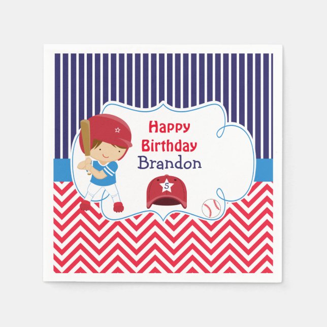 Cute Baseball Brunette Boy Birthday Party Napkins (Front)