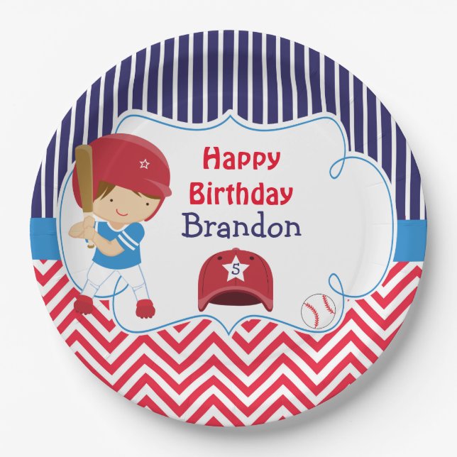 Cute Baseball Brunette Boy Birthday Party Paper Plates (Front)