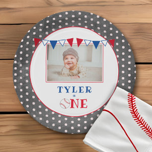 Cute Baseball Chalkboard 1st Birthday Party Photo Paper Plates