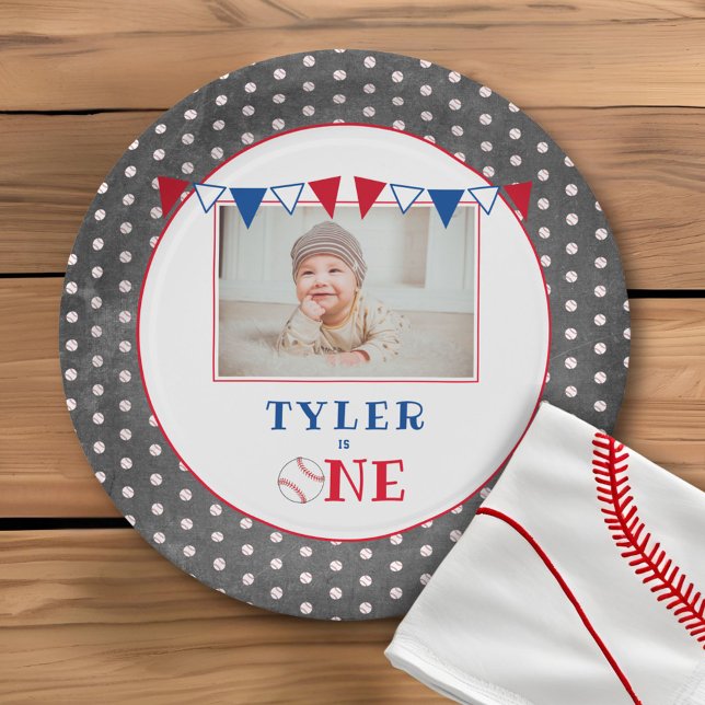 Cute Baseball Chalkboard 1st Birthday Party Photo Paper Plates (Creator Uploaded)