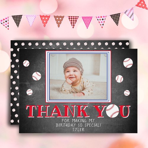 Cute Baseball Chalkboard Birthday Photo Thank You Card