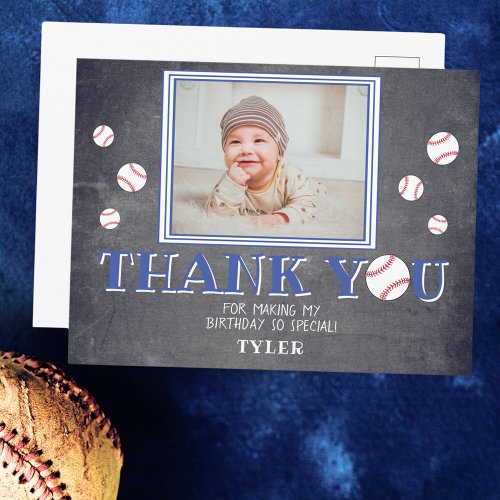 Cute Baseball Chalkboard Birthday Photo Thank you Postcard