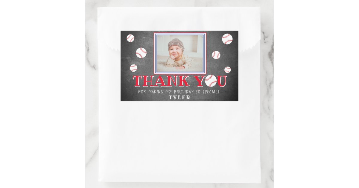 Cute Baseball Chalkboard Birthday Thank you Photo Rectangular Sticker ...