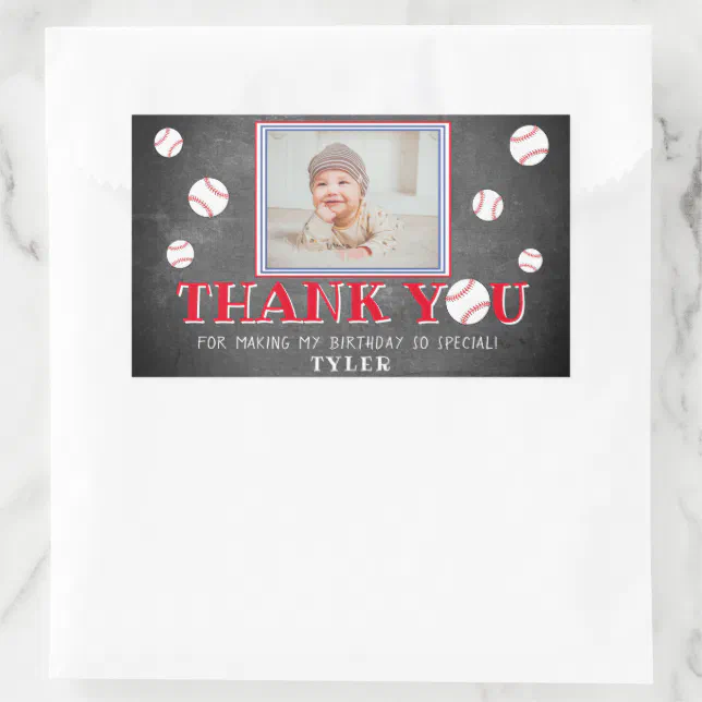 Cute Baseball Chalkboard Birthday Thank you Photo Rectangular Sticker ...
