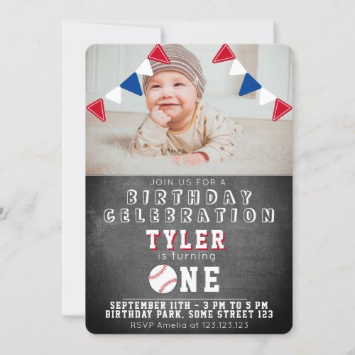 Cute Baseball Chalkboard Kids Photo 1st Birthday Invitation