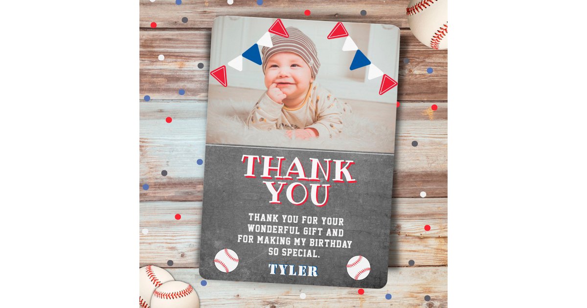 Cute Baseball Chalkboard Kids Photo Birthday Thank You Card | Zazzle