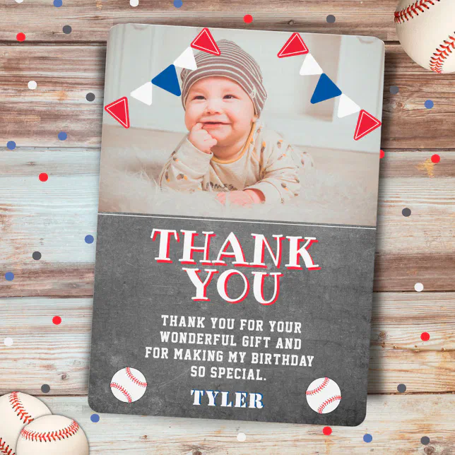 Cute Baseball Chalkboard Kids Photo Birthday Thank You Card | Zazzle