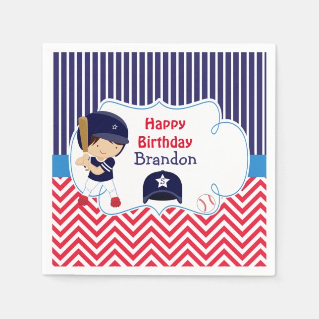 Cute Baseball Dark Hair Boy Birthday Party Napkins (Front)