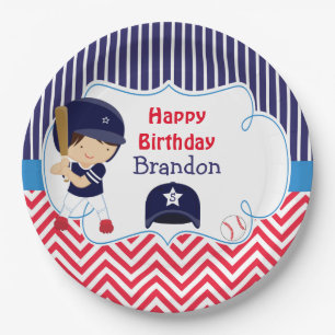Cute Baseball Dark Hair Boy Birthday Party Paper Plates