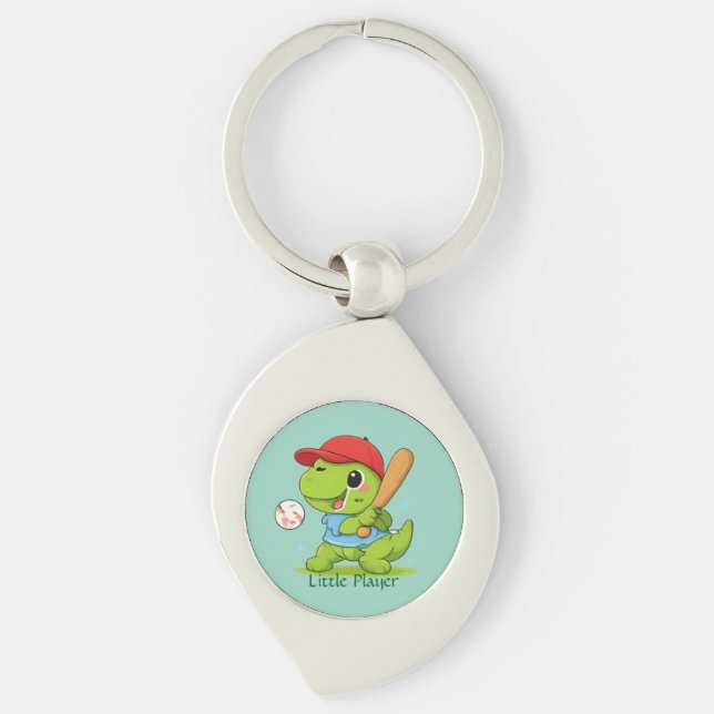 Cute Baseball Dinosaur T-Rex Sports Illustration Keychain (Front)