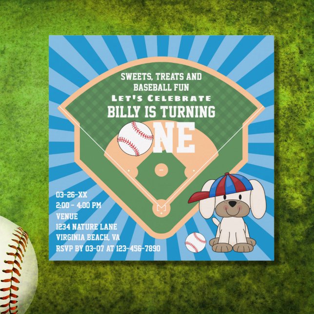 Cute Baseball Fun Puppy Dog 1st Birthday Invitation (Creator Uploaded)
