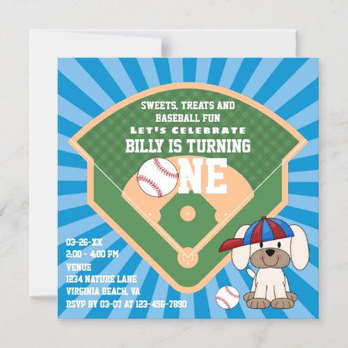 Cute Baseball Fun Puppy Dog 1st Birthday Magnetic Invitation