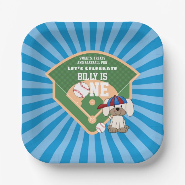 Cute Baseball Fun Puppy Dog 1st Birthday Paper Plates (Front)