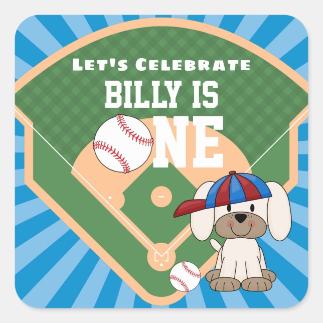 Cute Baseball Fun Puppy Dog 1st Birthday Square Sticker (Front)