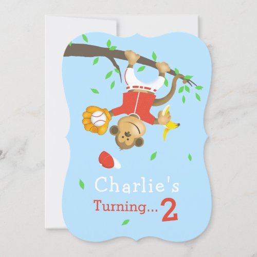 Cute Baseball Monkey Boys Birthday Party Invitation