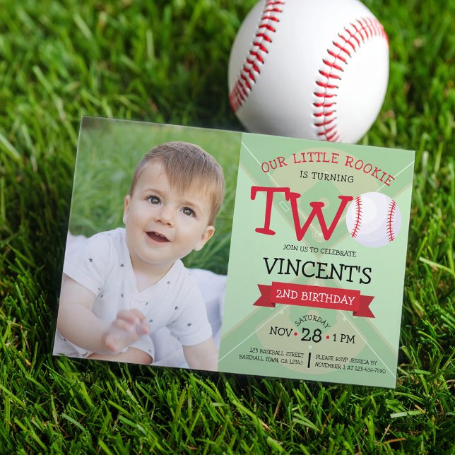 Cute Baseball Pitch & Ribbon Photo 2nd Birthday Invitation (Creator Uploaded)